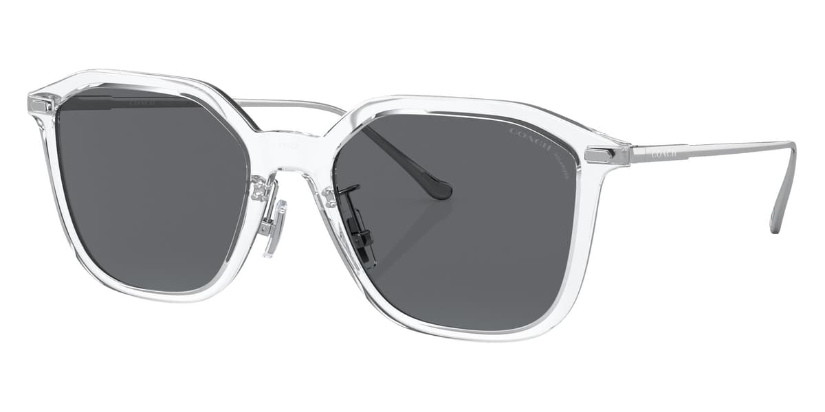 Coach Sunglasses HC8355 in Clear / Gray Solid Polarized (511181), front three-quarter view