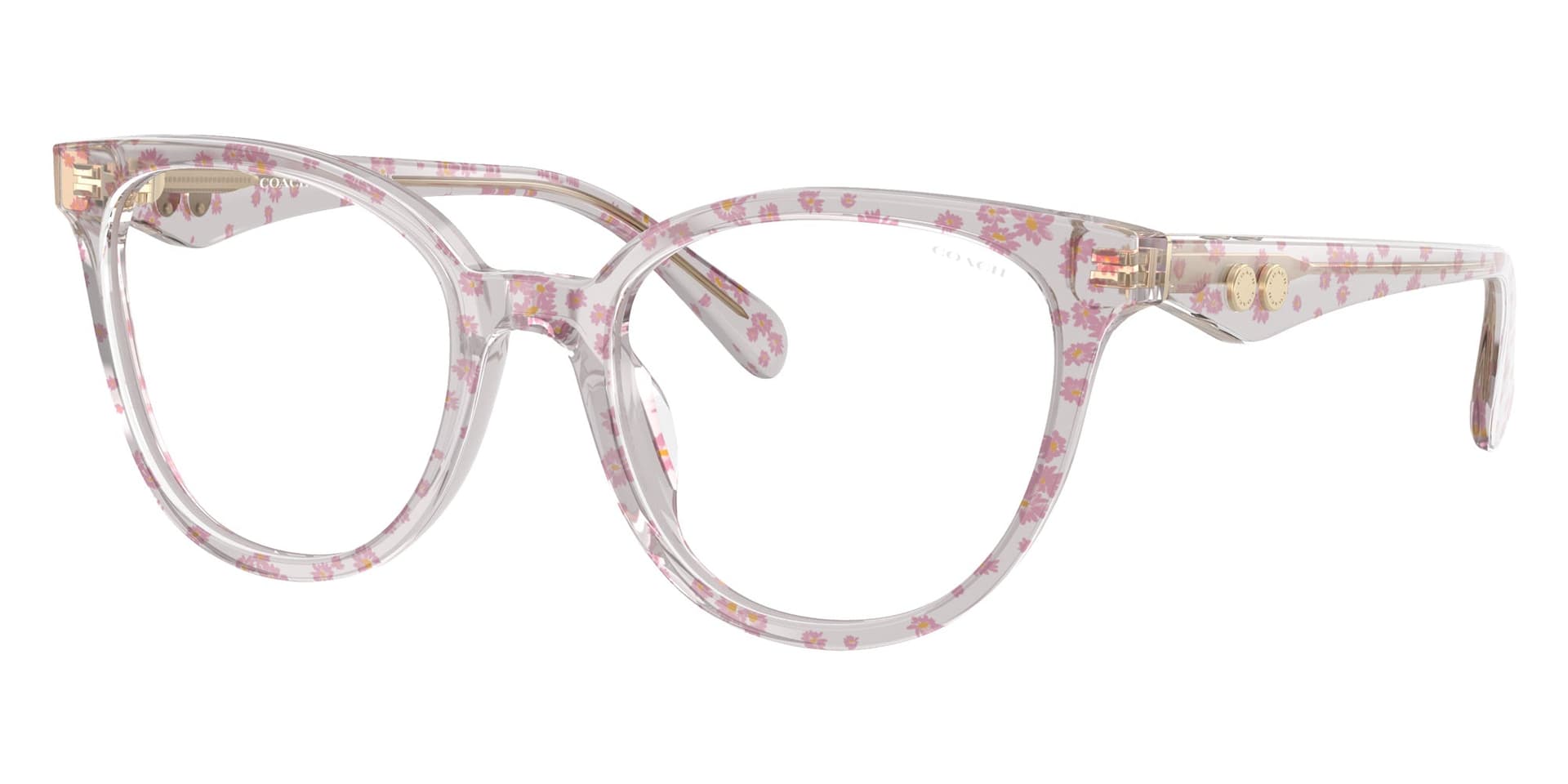 Coach Frame HC6259U in Transparent Pink Floral Print / Clear Blue Light 5953SB (5953SB), front three-quarter view