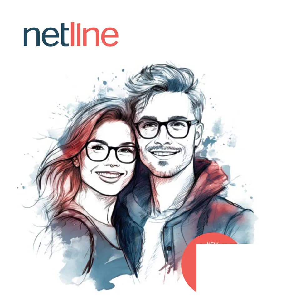 Rodenstock Netline Office Clear Lenses: netline' wordmark + illustrated couple in spectacles