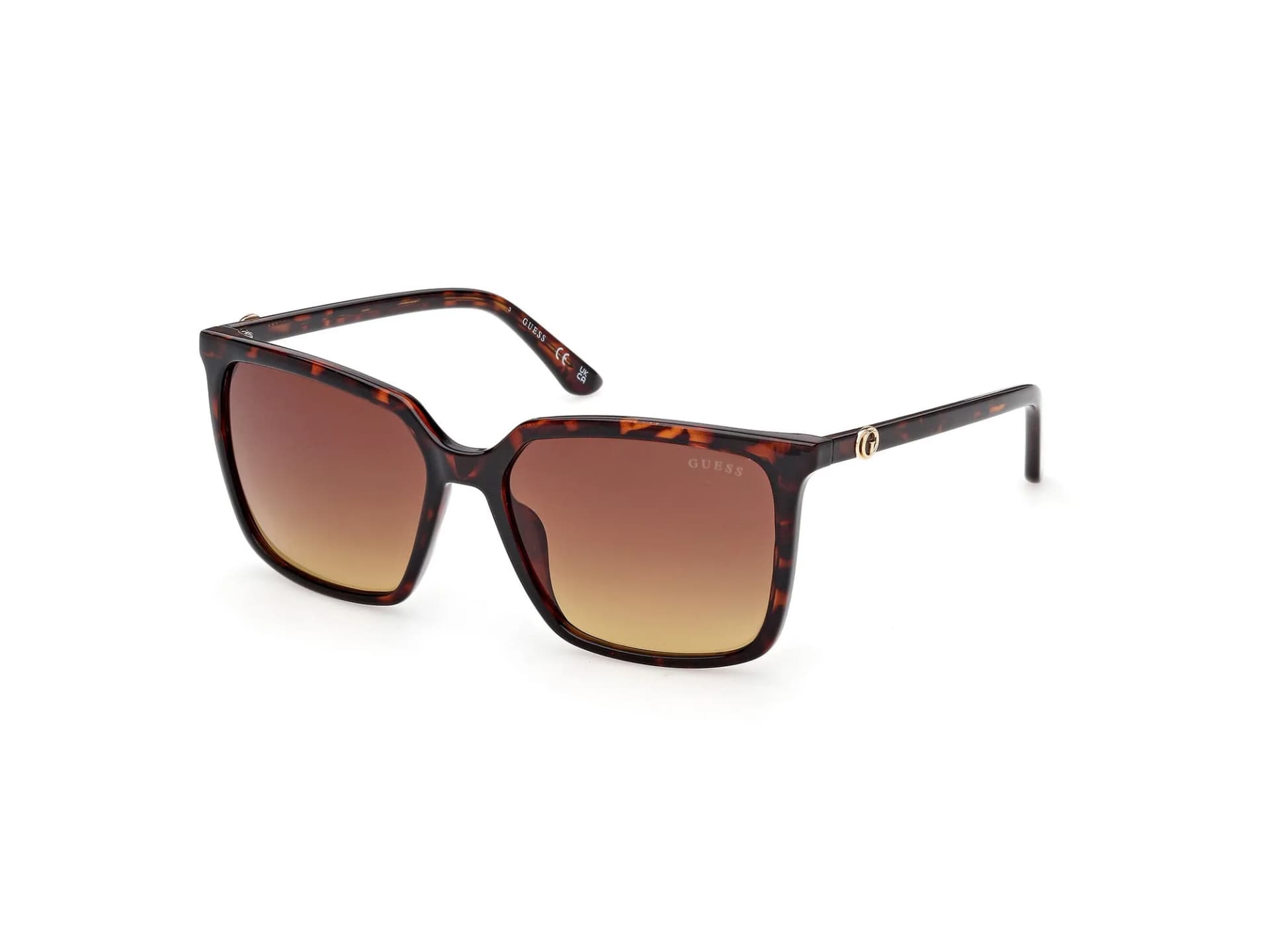 Guess GU00258 sunglasses in 52F Dark Havana with brown gradient lenses, front three-quarter view