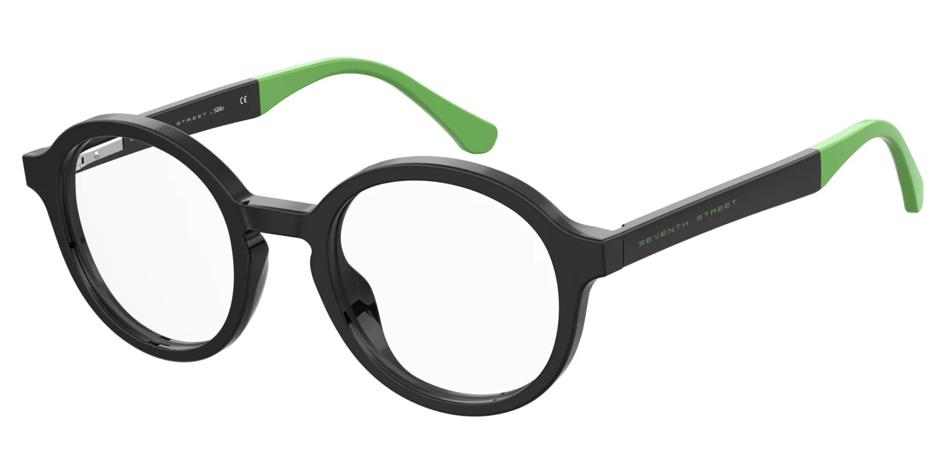 Seventh Street S 333 kids' round eyeglasses in black with green temple tips (7ZJ), front three-quarter view