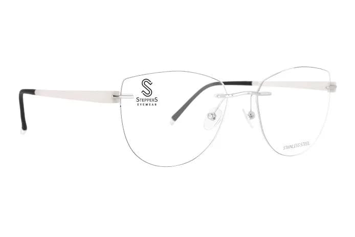 Stepper STS-73398 F029 silver stainless-steel rimless eyeglass frame, front three-quarter view on white