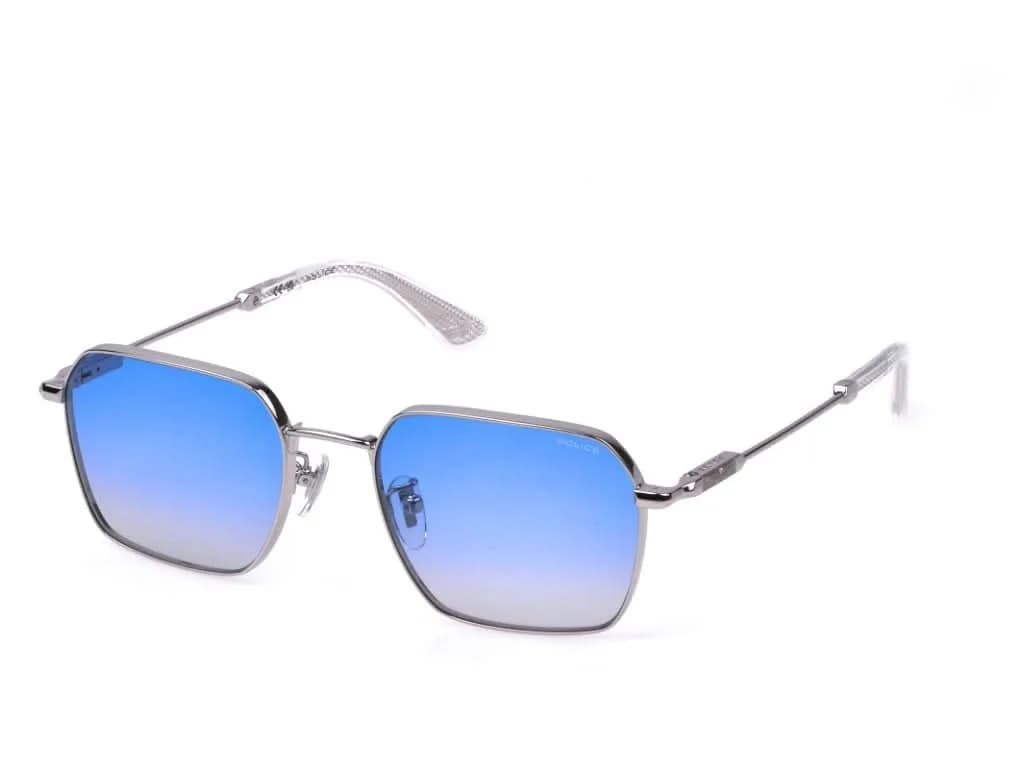 Police SPLN41K sunglasses in silver (579) with blue gradient lenses, front three-quarter view
