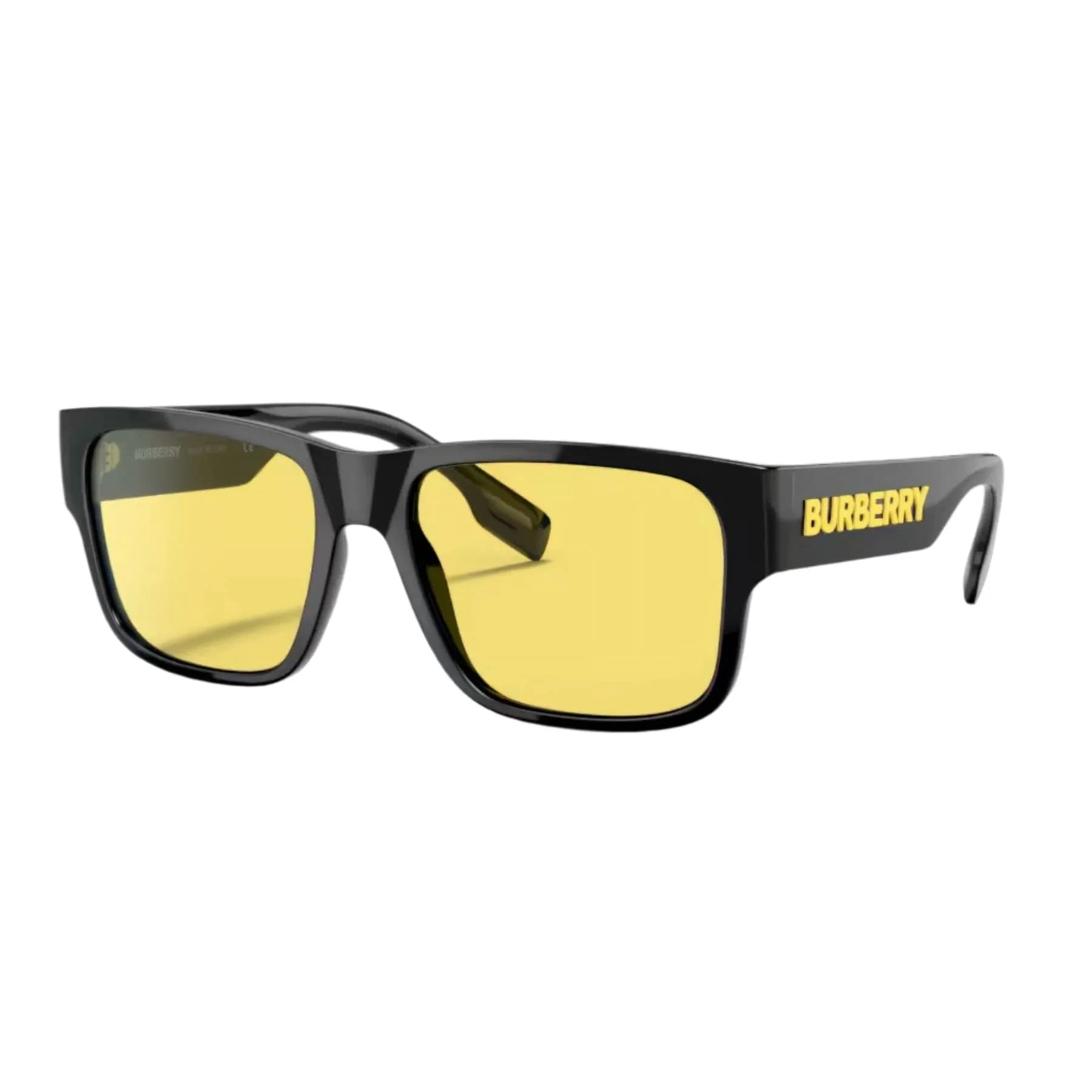 Burberry Knight BE4358 sunglasses in Black / Yellow (300185), three-quarter view showing the yellow BURBERRY temple logo