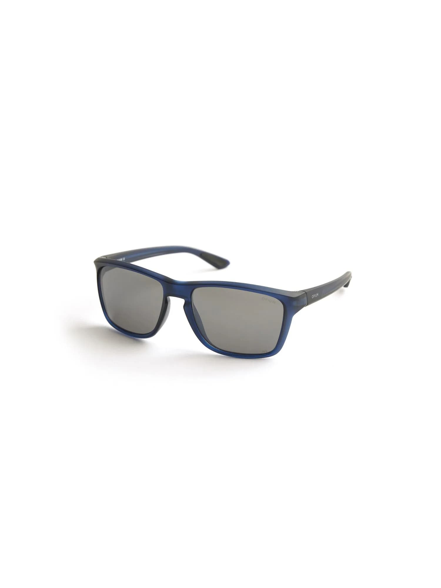 Opium OP-10255 C02 matte blue rectangular sunglasses with grey mirror lenses and OPIUM branding on the temple, three-quarter view on a white background