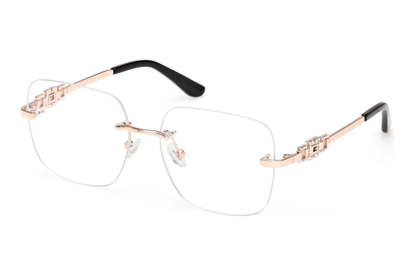 Guess GU50319 028 rimless square eyeglasses in shiny rose gold with a crystal G-link temple, front three-quarter view