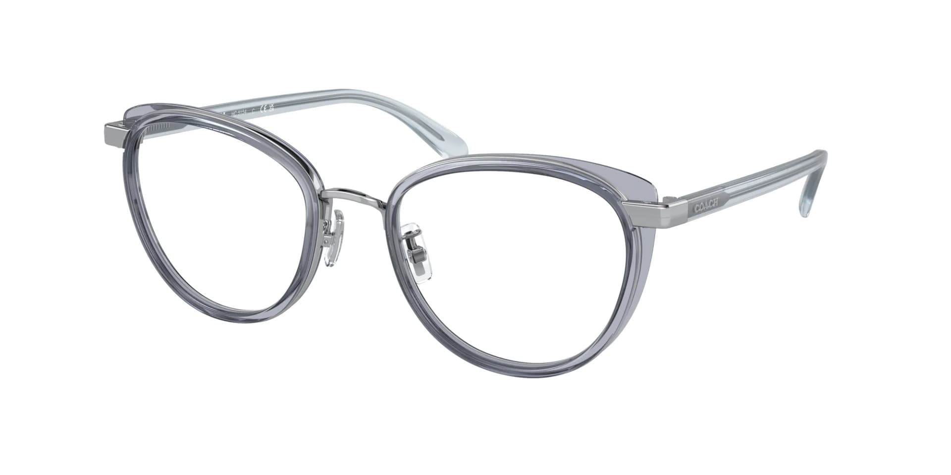 Coach HC5154 eyeglasses in Silver / Transparent Blue (9433), front three-quarter view