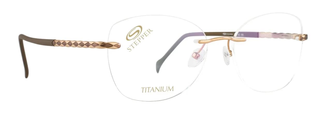 Stepper SI-98852 F031 rose-gold and brown rimless titanium eyeglass frame, front three-quarter view on white