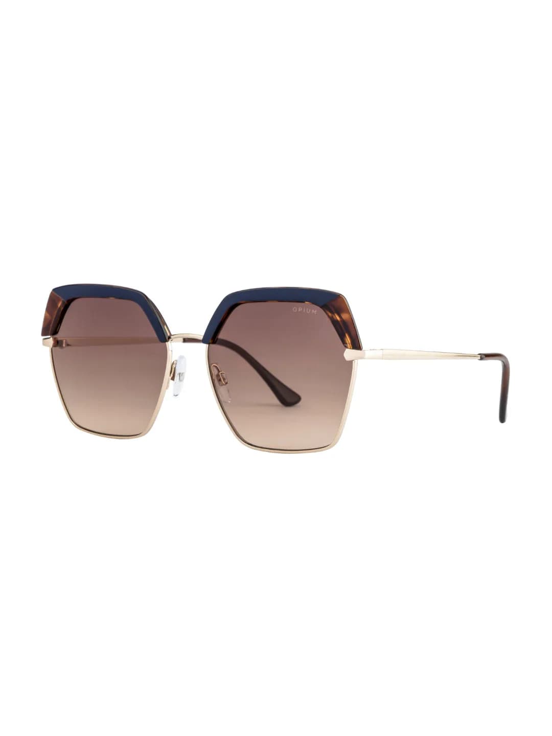 Opium OP-1950 hexagonal sunglasses in gold metal (C01) with navy and tortoise brow and brown gradient lenses, front three-quarter view