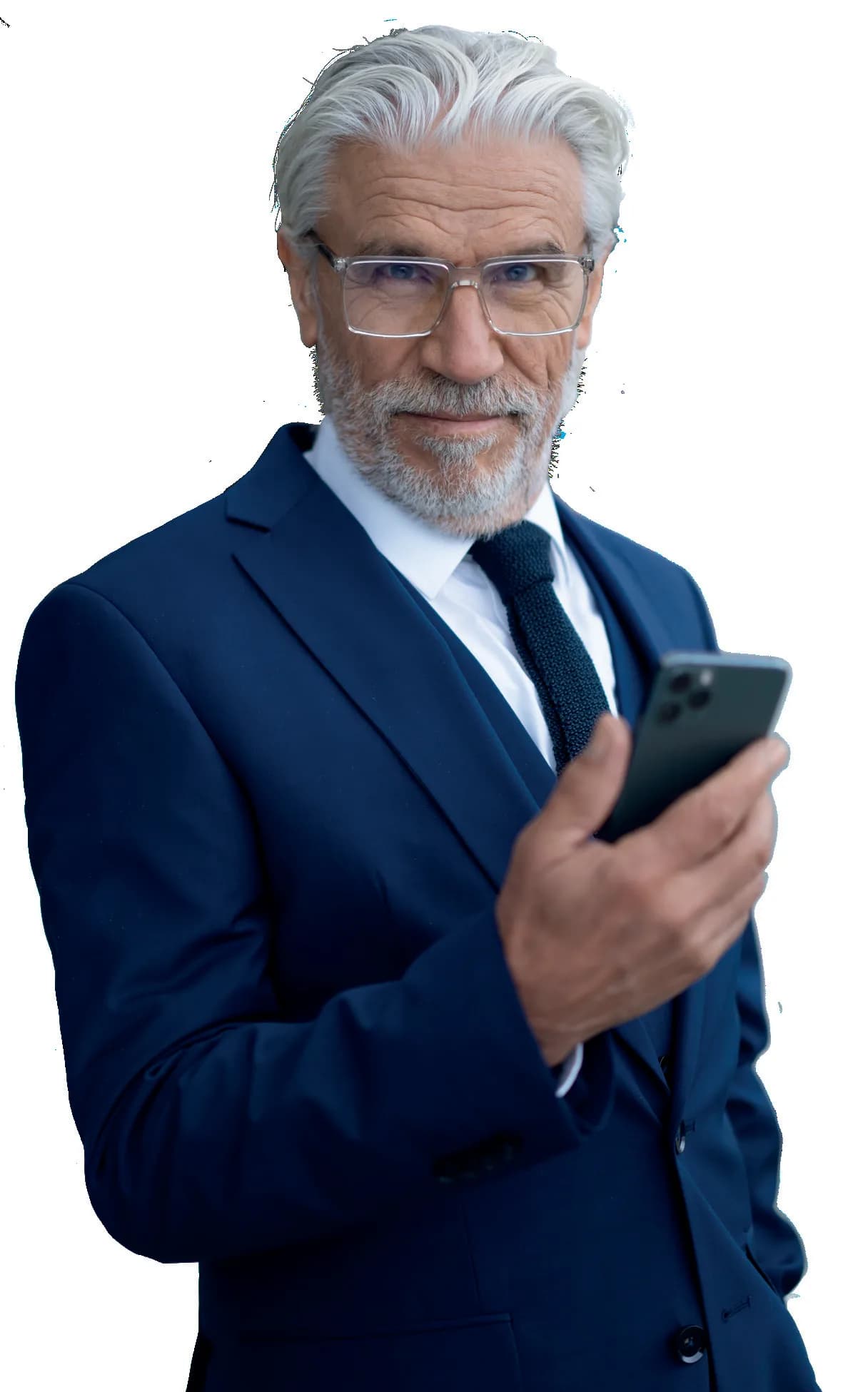 ZEISS Progressive SmartLife Pure Lenses, grey-haired man wearing clear-lens glasses and holding a smartphone