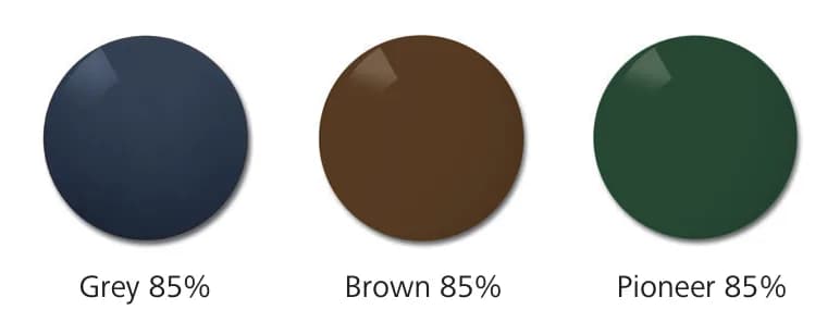ZEISS Finished Single Vision Tinted Sun Lenses, lens renders in Grey 85%, Brown 85% and Pioneer 85% tints
