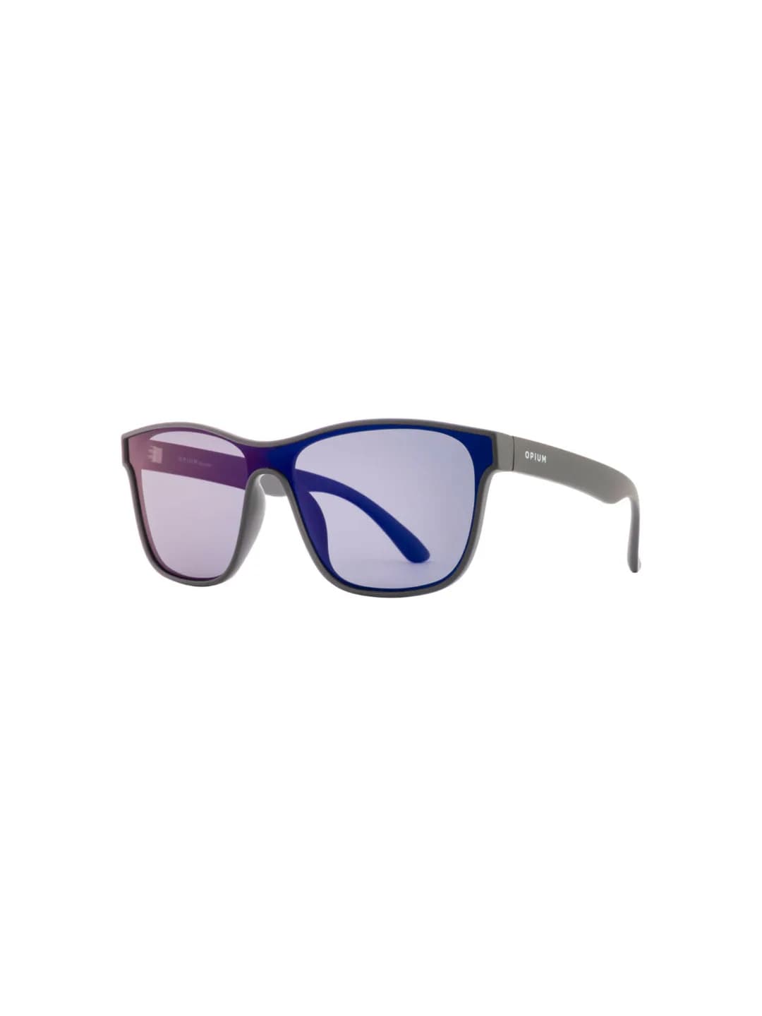 Opium OP-1454 C01 matte grey polarized wayfarer sunglasses with blue-violet mirror lenses, three-quarter view on a white background