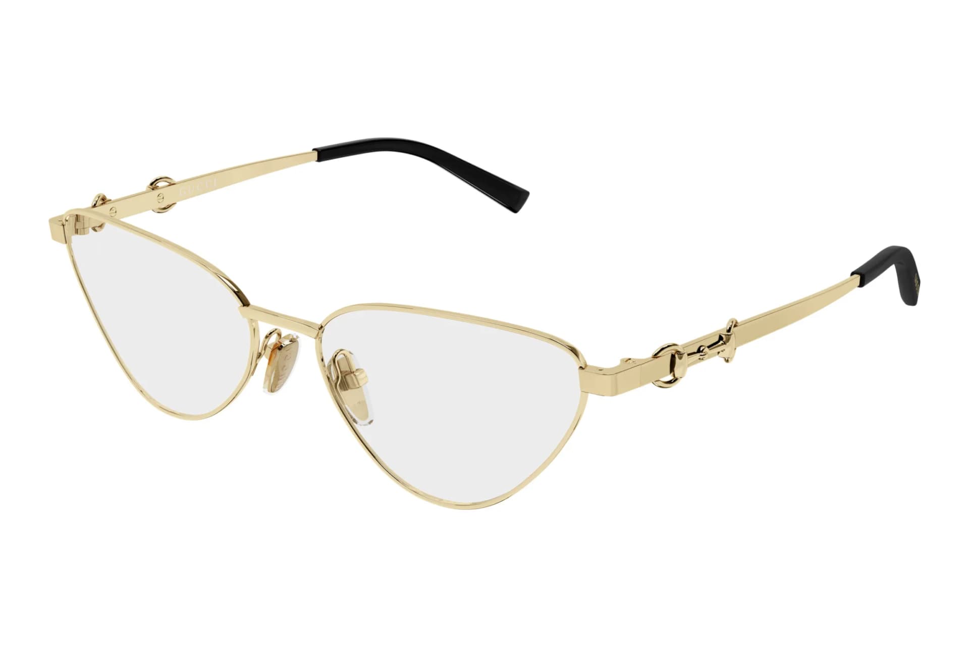 Gucci GG2054O eyeglasses in gold, cat-eye metal frame with horsebit temples, front three-quarter view