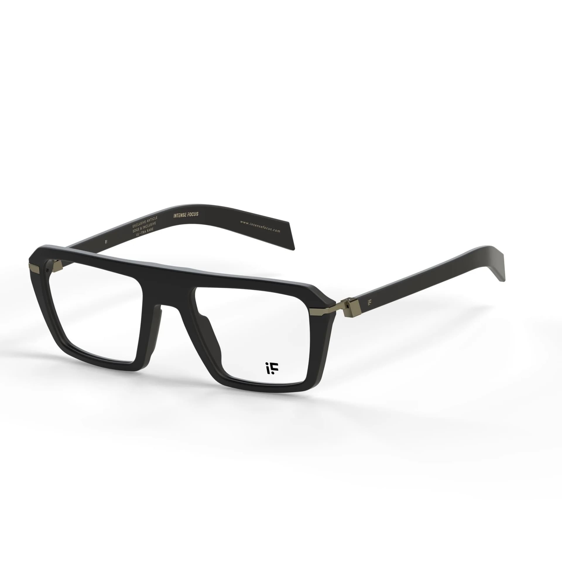 Intense Focus DAPPER 54 C-F matte black acetate flat-top square eyeglass frame with gold metal temple joints, front three-quarter view