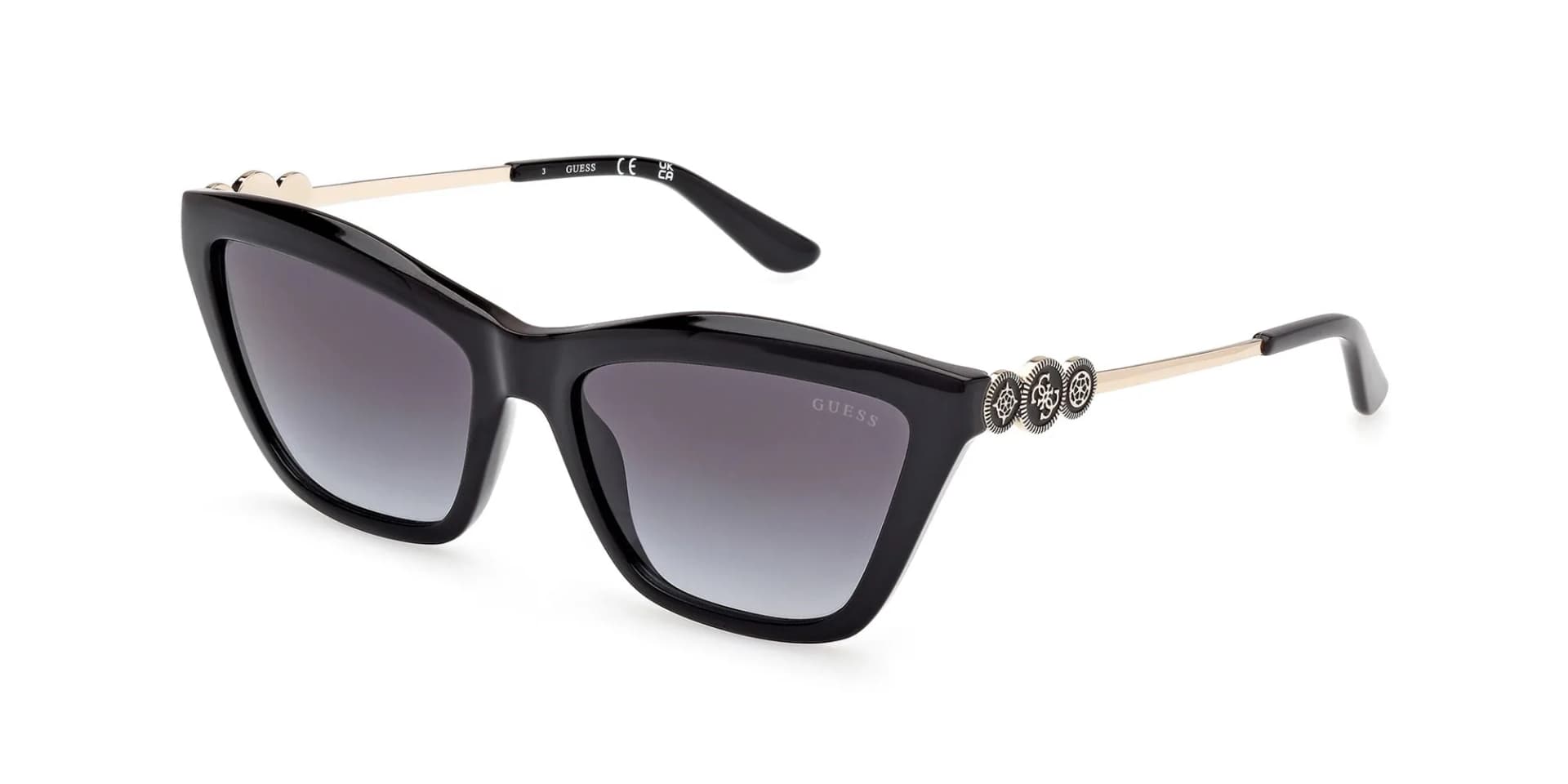 Guess GU00199 sunglasses in 01B Shiny Black, front three-quarter view showing the gold-tone metal temple