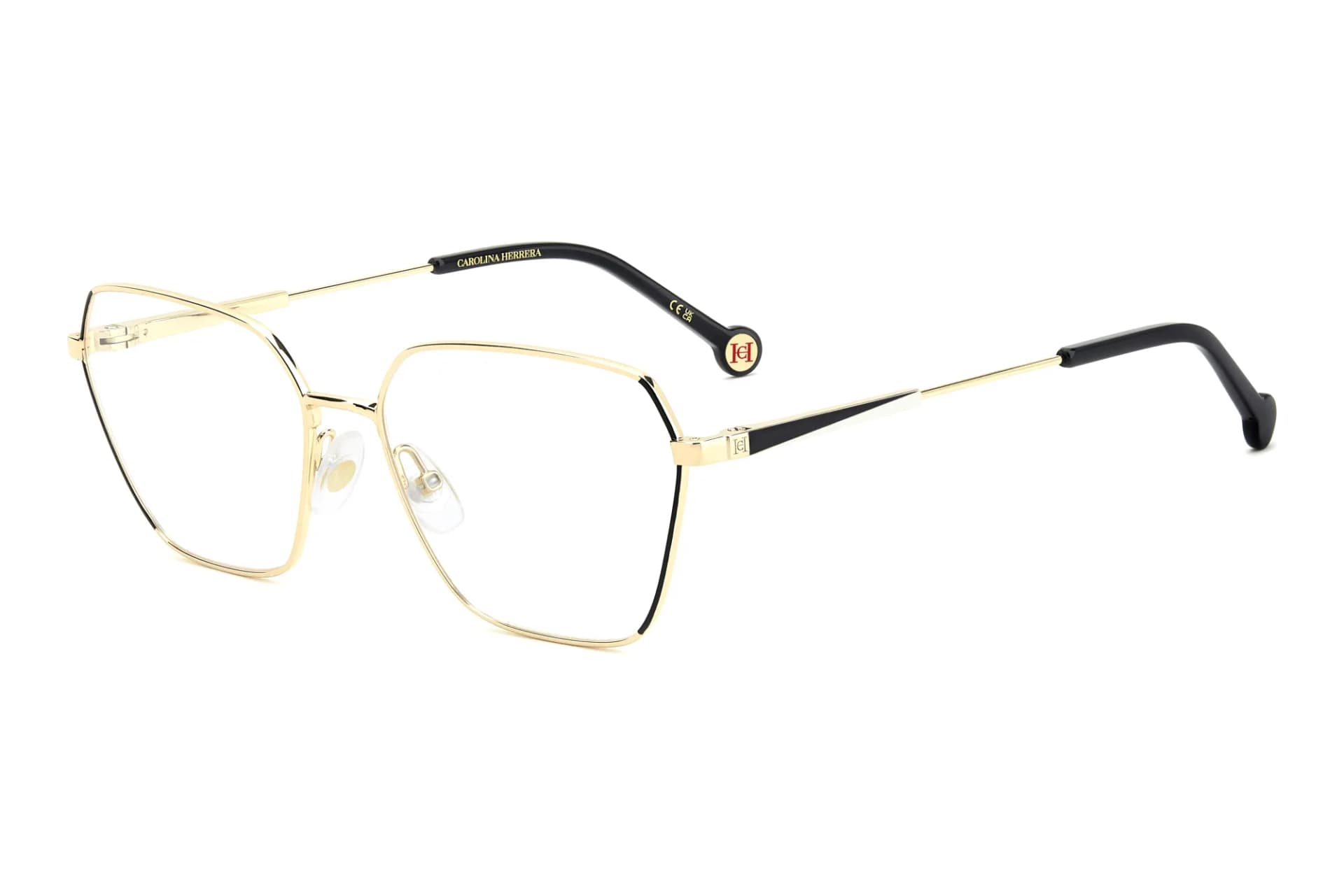 Carolina Herrera HER 0338 RHL gold metal geometric eyeglasses with black acetate temples, three-quarter view