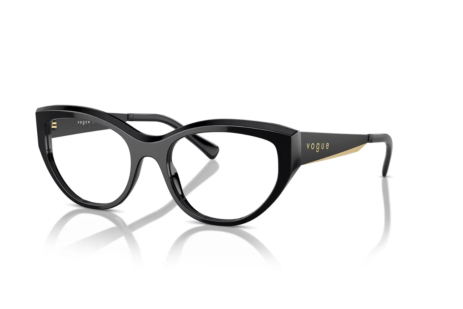 Vogue Eyewear VO5560 eyeglasses, colour W44 black acetate cat-eye frame with gold temple inlay, front three-quarter view