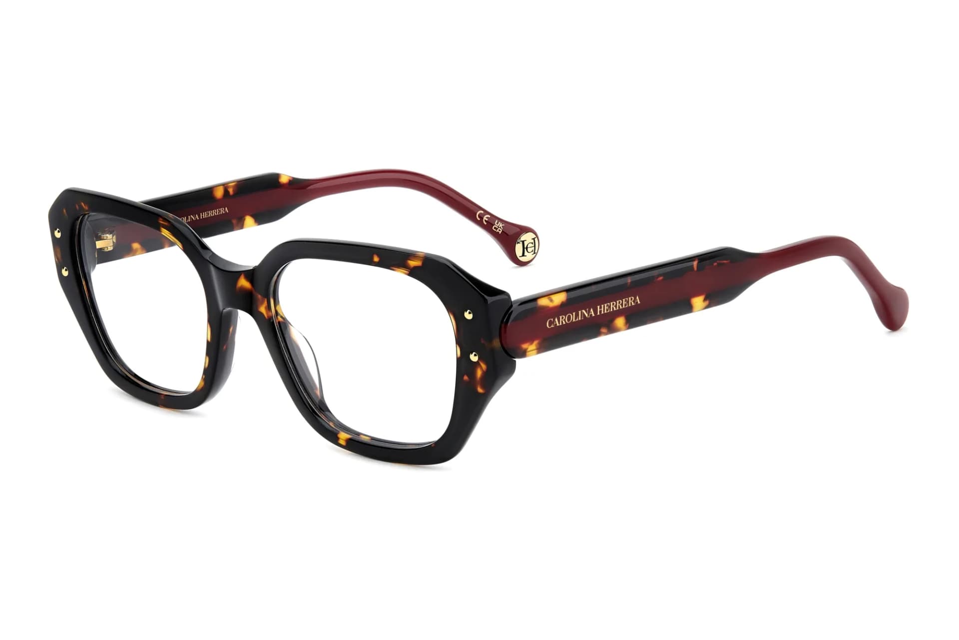 Carolina Herrera HER 0326 eyeglasses in 086 havana with burgundy temples, front three-quarter view
