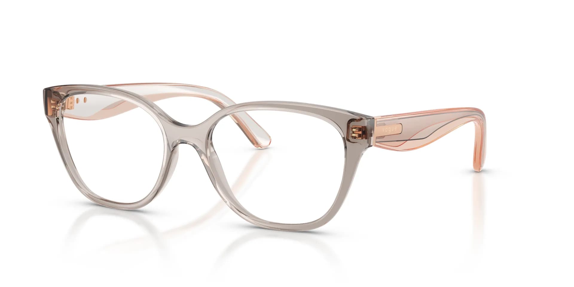 Vogue VO5712 eyeglasses in transparent warm grey with peach temples (3301), front three-quarter view