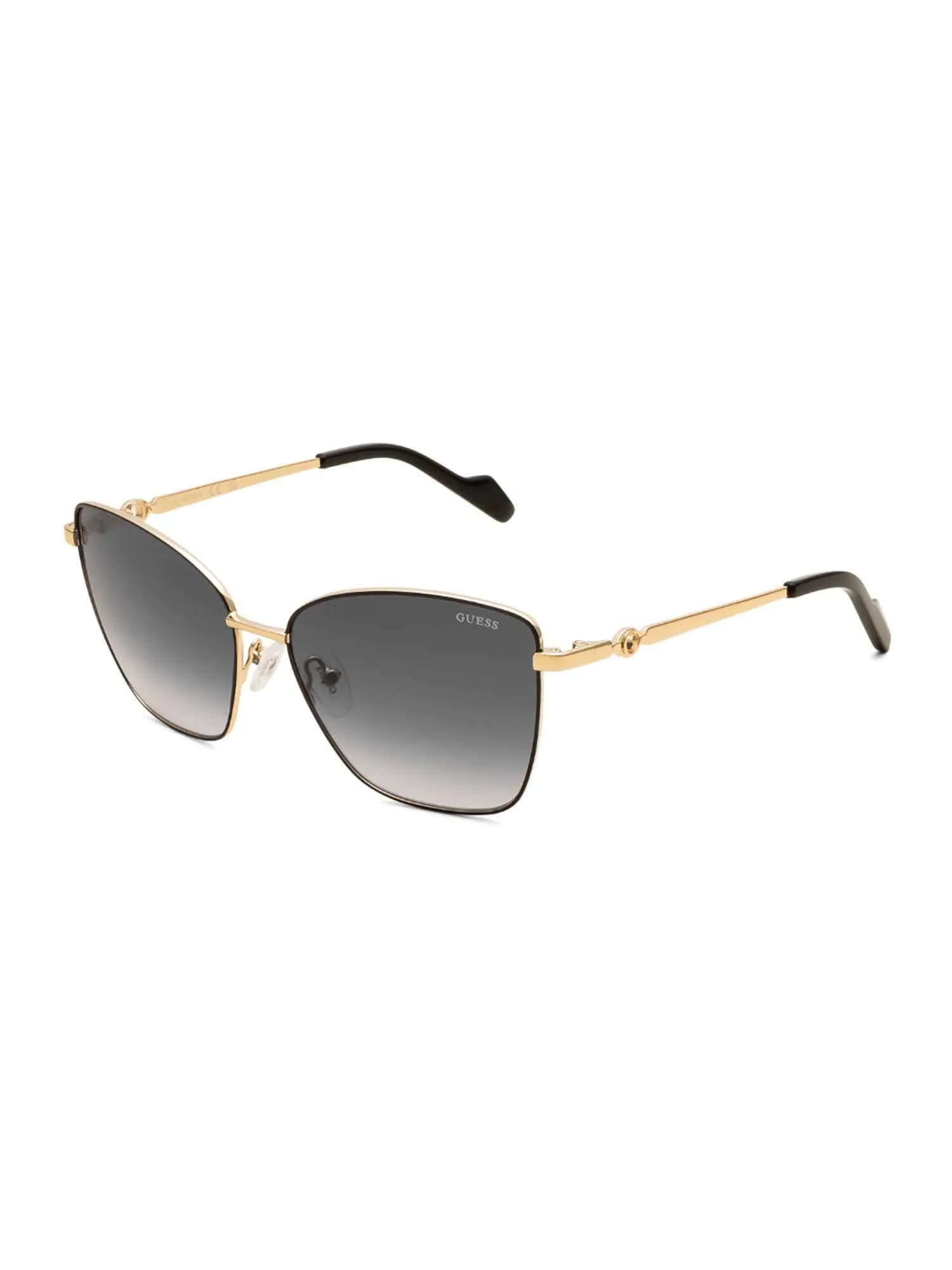 Guess GU00375 cat-eye sunglasses in black and gold with grey gradient lenses (02F), front three-quarter view