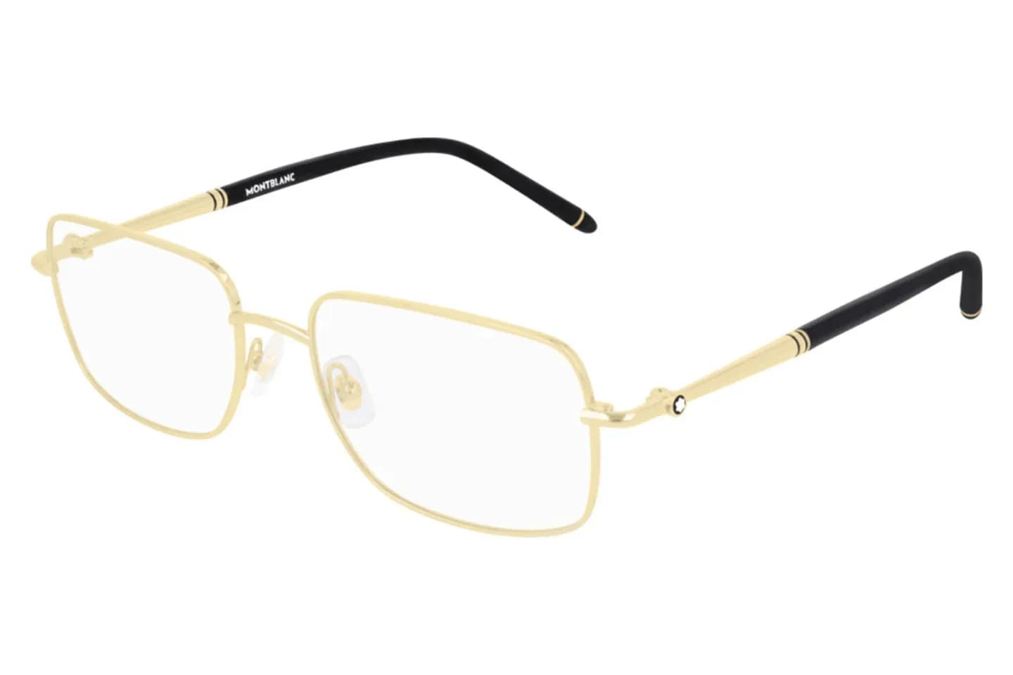 Montblanc MB0072O 001 gold rectangular metal eyeglasses with black temple tips, front three-quarter view