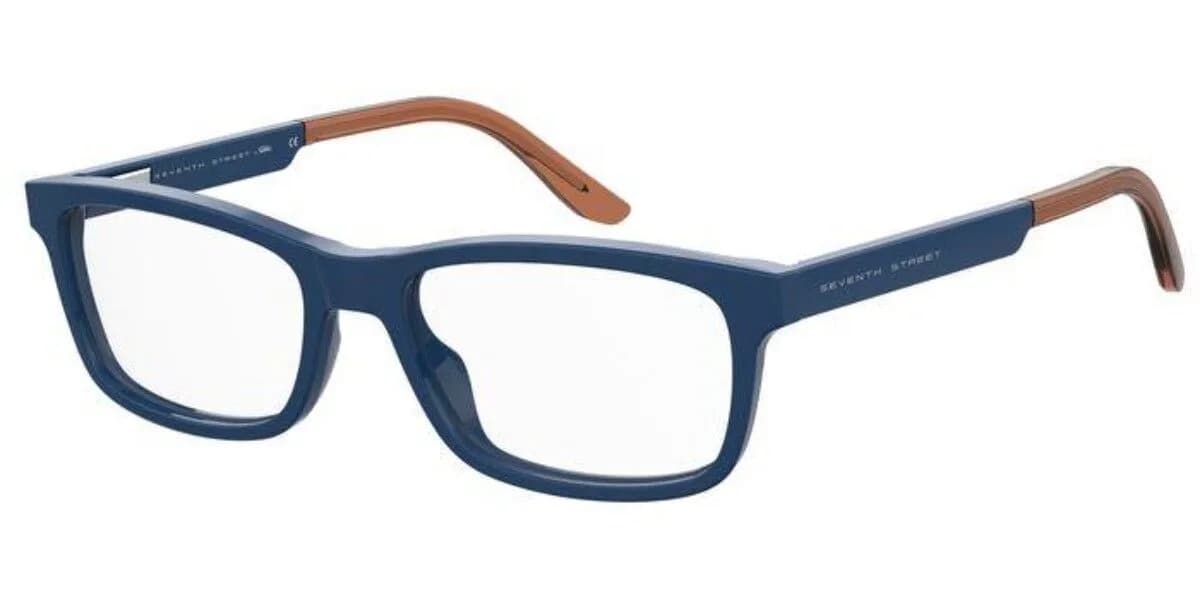 S 332 eyeglasses in dark blue with orange-brown temple tips (RTC), front three-quarter view