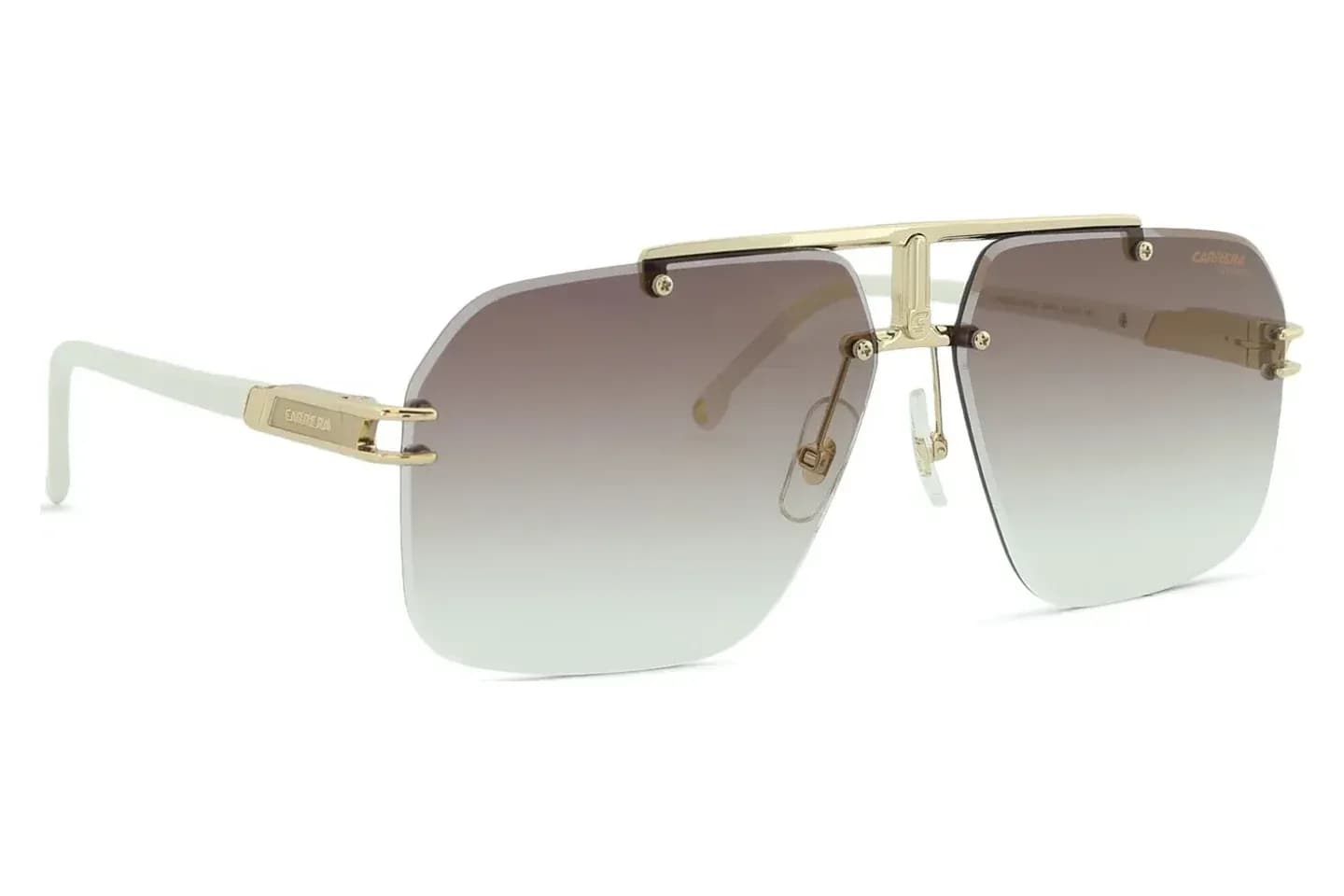 Carrera 1054/S rimless navigator sunglasses in gold (VVP) with white temples and brown gradient lenses, front three-quarter view
