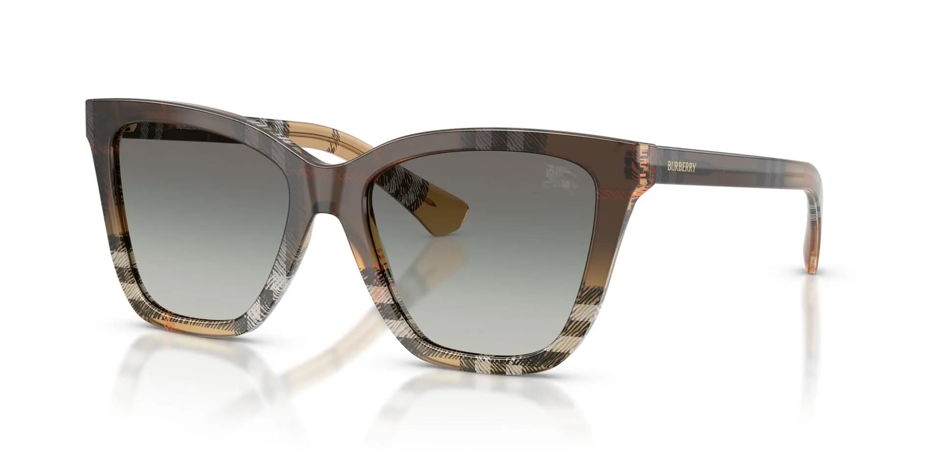 Burberry BE4470 sunglasses in Check Sand with grey gradient lenses (420211), front three-quarter view