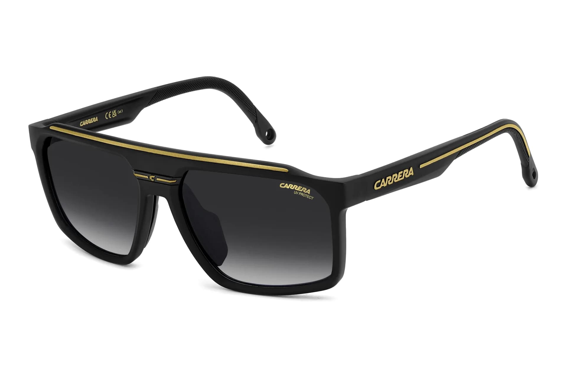Carrera C Sport 04/S I46 9O matte black and gold flat-top sunglasses with grey gradient lenses, three-quarter view
