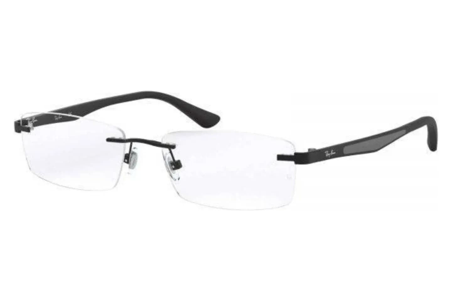 Ray-Ban RX6326 rimless rectangular eyeglasses in matte black (2509) with grey temple insert, front three-quarter view