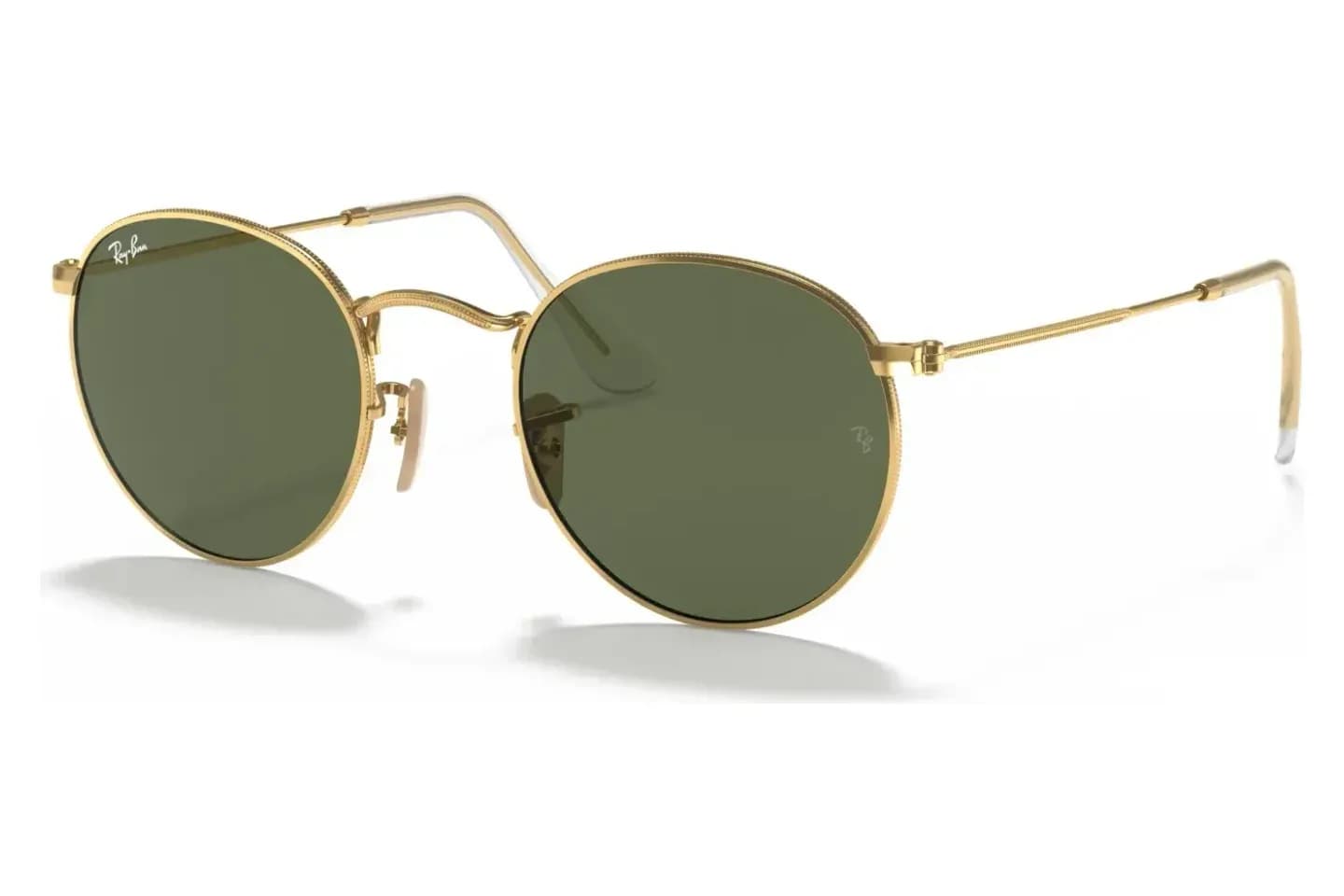 Ray-Ban RB3447N 001 round metal in Arista gold with green G-15 lenses, front three-quarter view