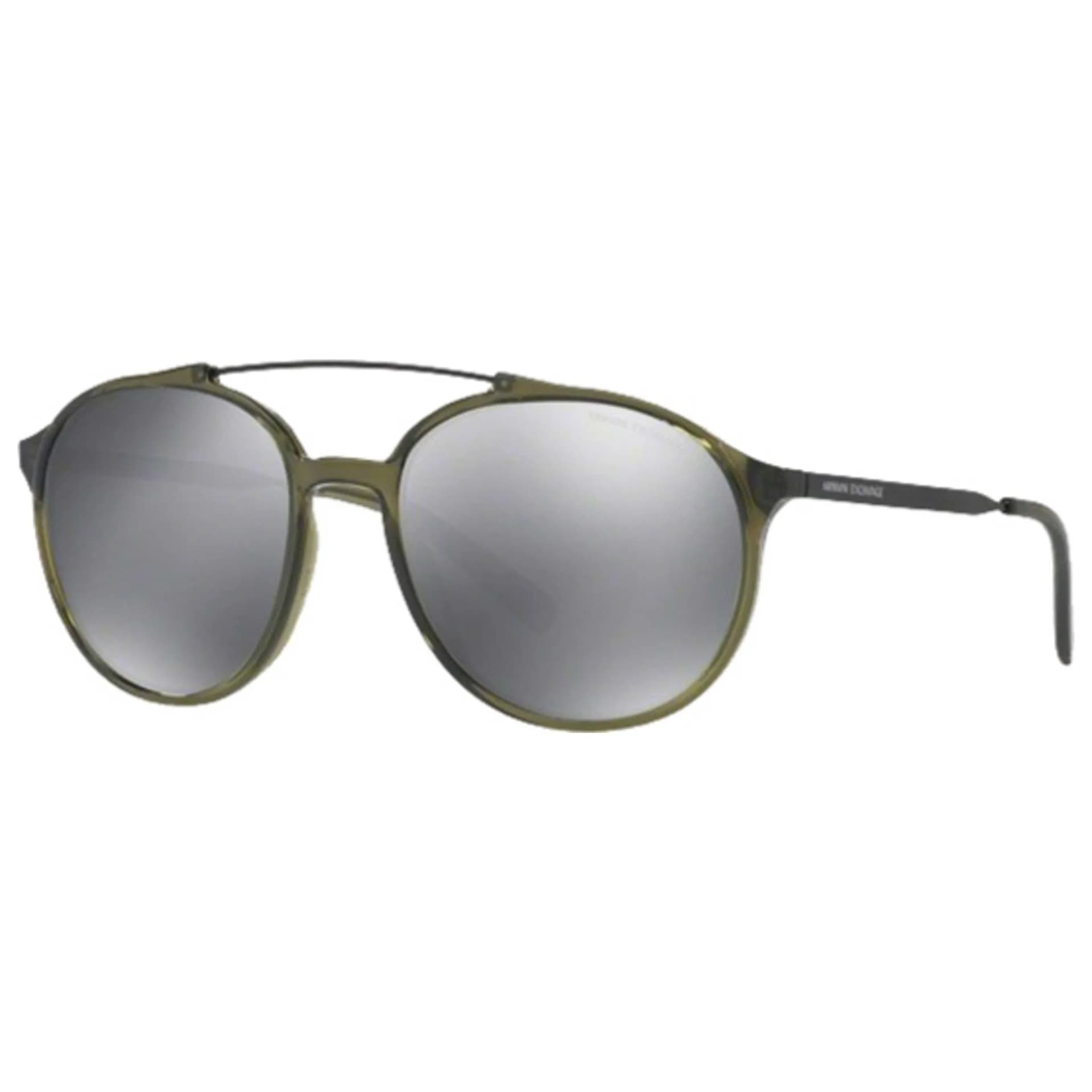 Armani Exchange AX4069S sunglasses, transparent army green 8242/6G with silver flash mirror lenses, front three-quarter view
