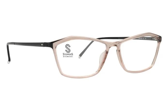 Stepper STS-30050 F399 rose-pink acetate eyeglass frame with black temples, front three-quarter view on white