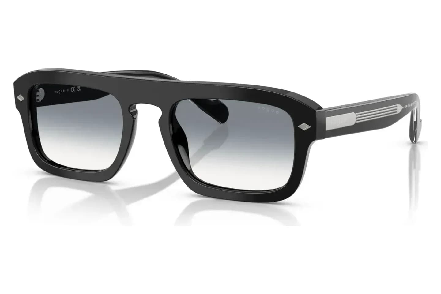 Vogue VO5620S sunglasses in black with clear-to-blue gradient lenses (W44/79), front three-quarter view