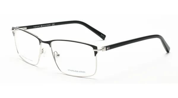 Tommy Hilfiger TH 6268 C1 black and silver rectangular metal eyeglasses, front three-quarter view