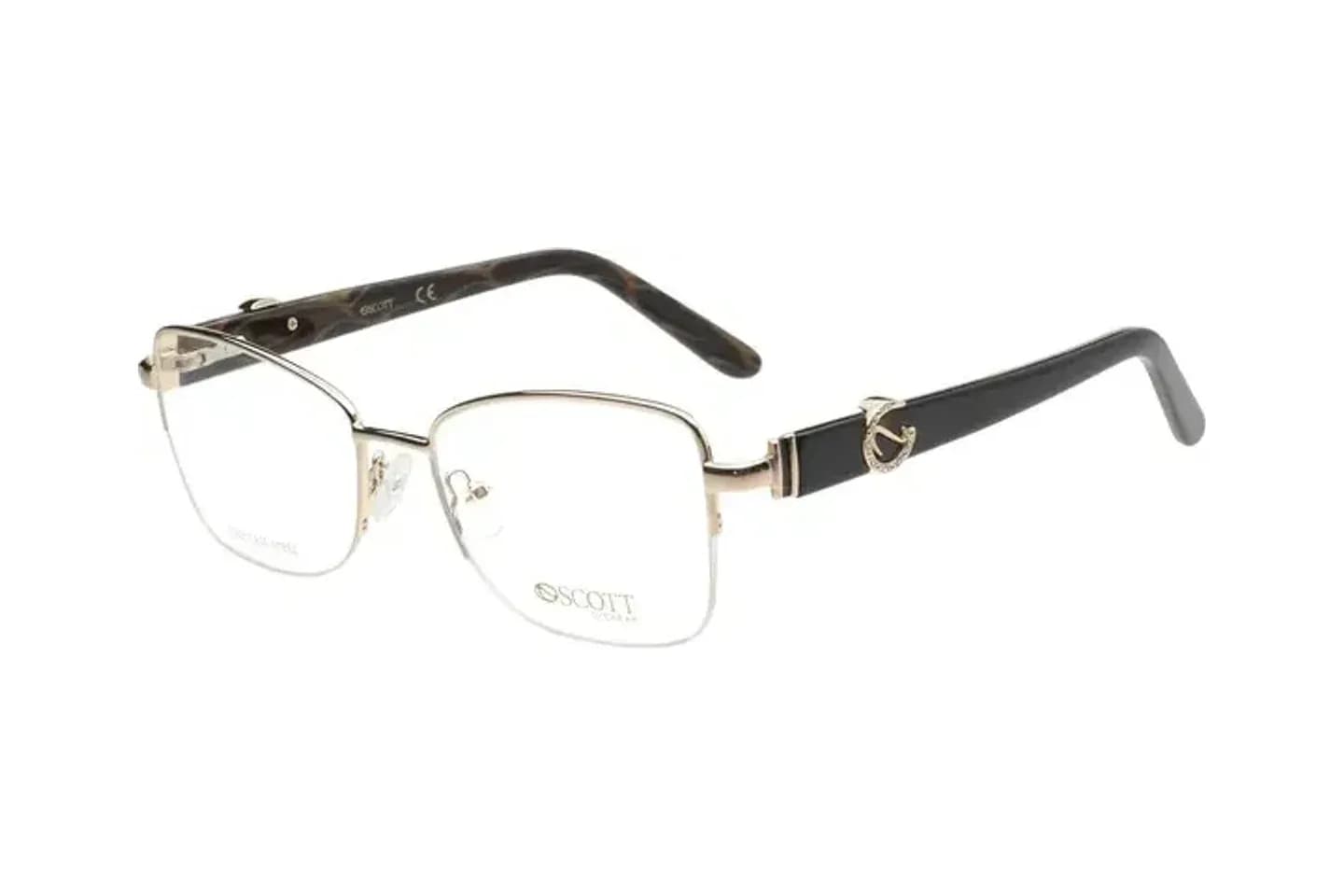 Scott SC5778 C3 gold half-rim square eyeglass frame with black temples and a crystal-set horseshoe hinge motif, front three-quarter view