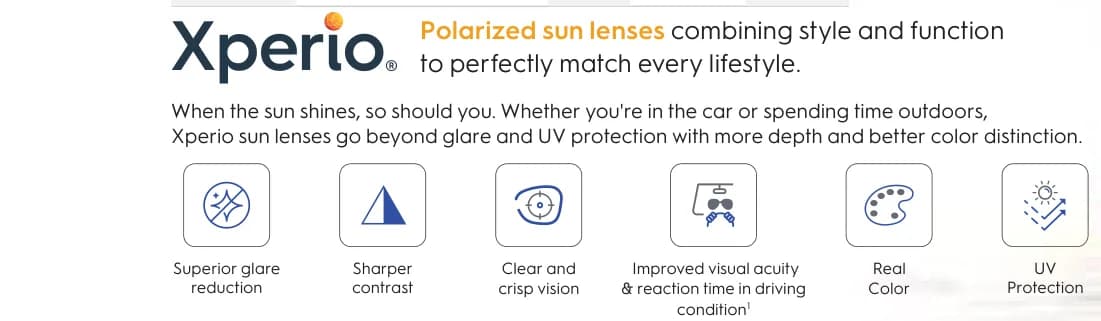 Essilor Xperio Varilux Comfort Max (Regular Frame) Grey Green Lenses: Xperio logo + tagline + 6 benefit icons