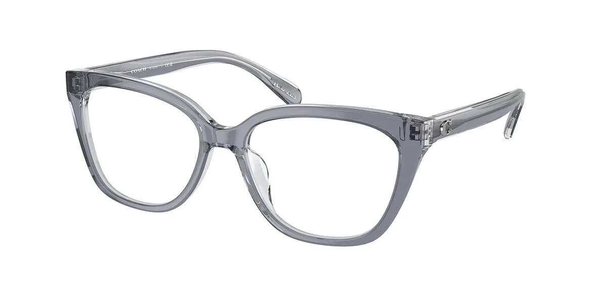 Coach HC6226U eyeglasses in transparent dark grey on light grey (5780), front three-quarter view