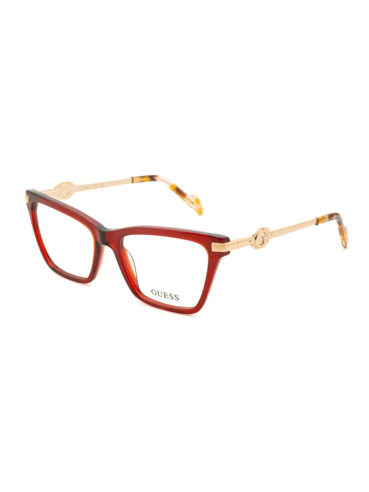 Guess GU50421 eyeglasses in translucent bordeaux red with gold G-logo temples (069), front three-quarter view