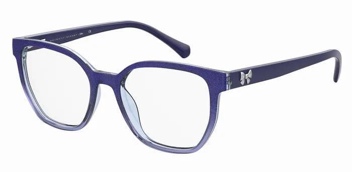 Seventh Street 7A 585 WTA blue shaded glitter acetate eyeglasses with bow temple detail, front three-quarter view