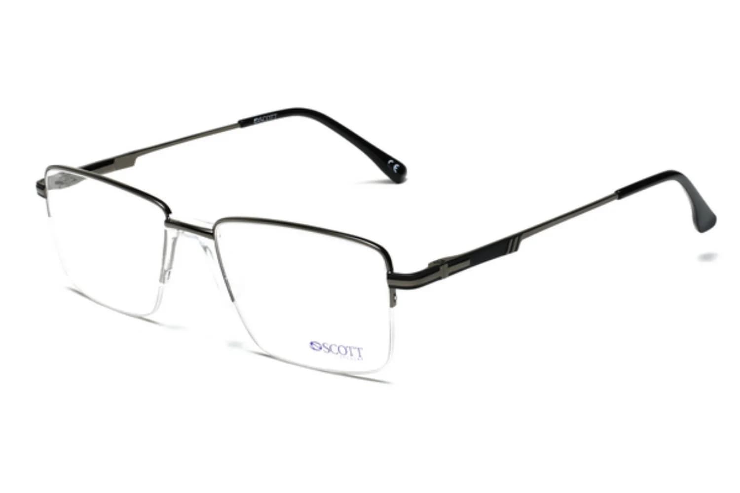 Scott SC5363 C3 gunmetal and black half-rim rectangular metal eyeglass frame, front three-quarter view