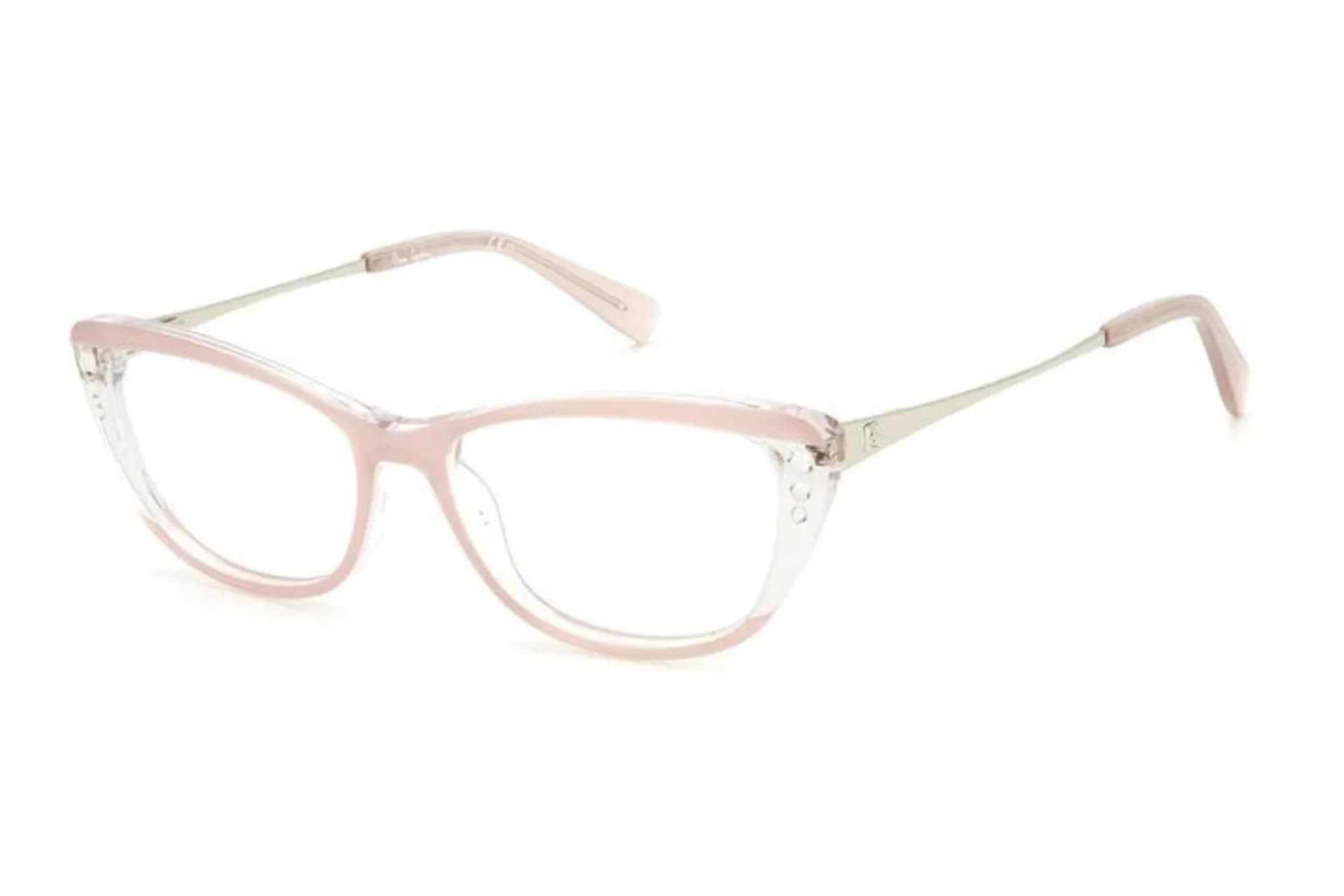 Pierre Cardin P.C. 8505 8XO pink crystal cat-eye eyeglasses with crystal studs and light gold metal temples, three-quarter view