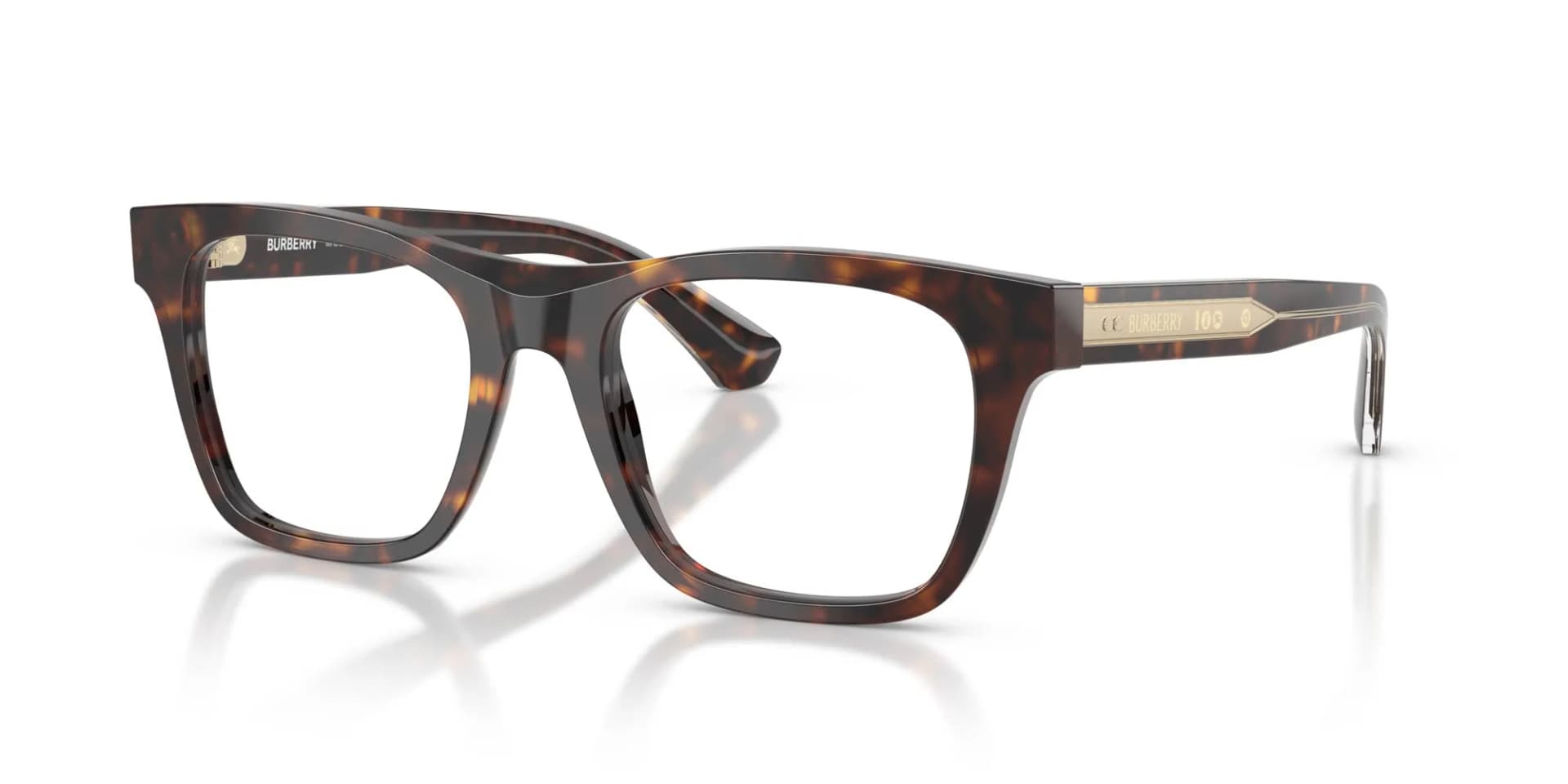 Burberry BE2445 eyeglasses in Dark Havana (4205), angled three-quarter view showing the gold-tone temple detail