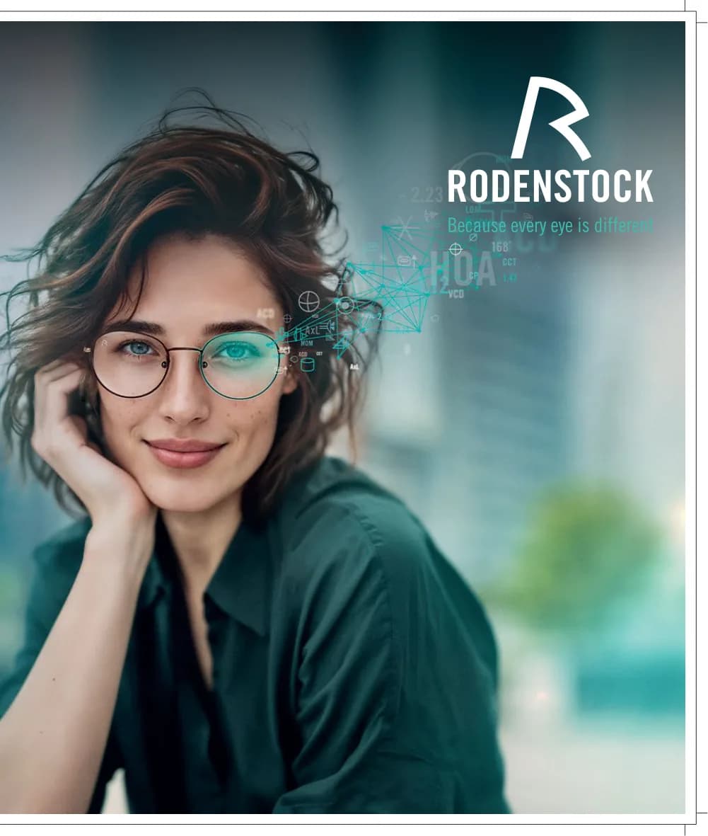Rodenstock Multigressiv MyView 2 Clear Lenses: Right part of opener: woman + Rodenstock logo, without the B.I.G. NORM text block