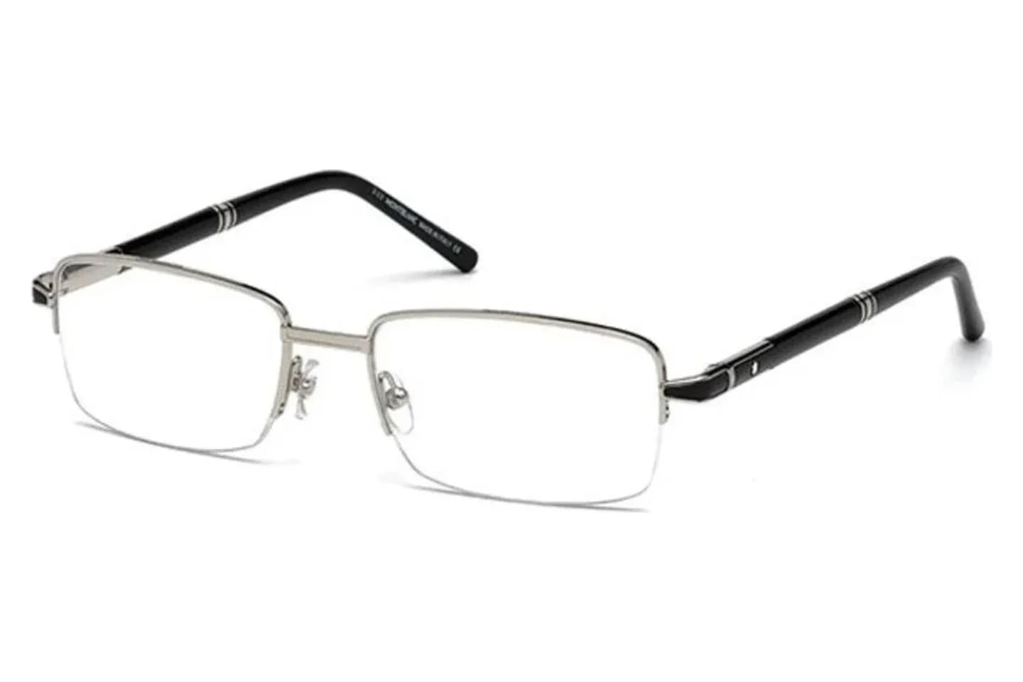 Montblanc MB0488 016 silver half-rim rectangular eyeglasses with black temples, front three-quarter view