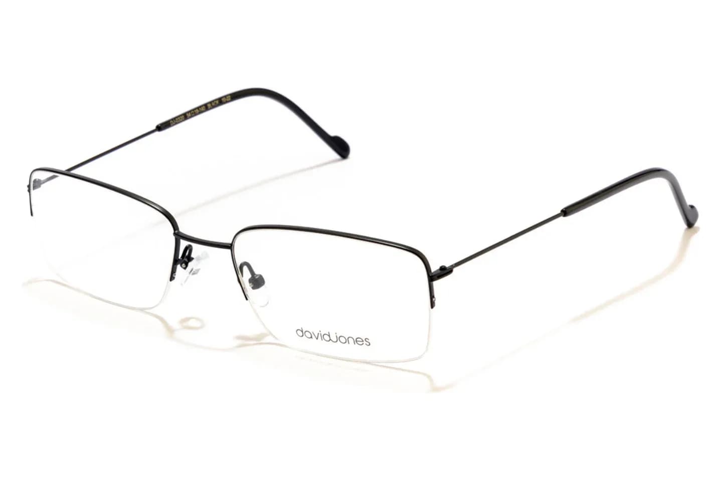 David Jones 0320 BLK black half-rim rectangular metal eyeglasses, front three-quarter view