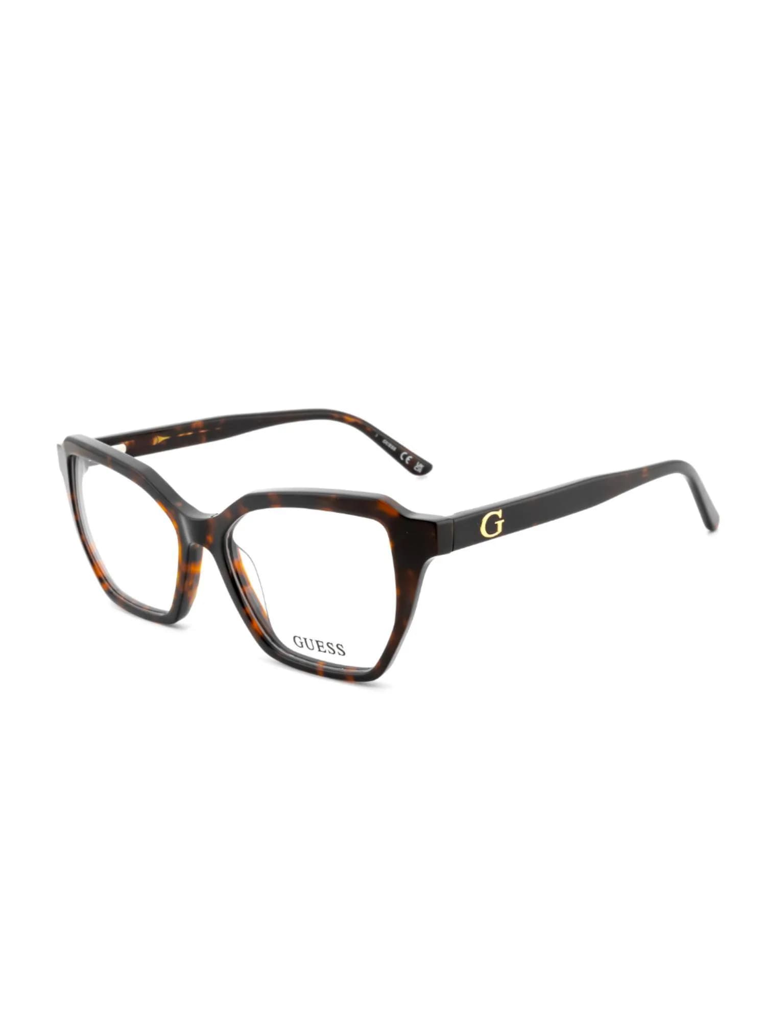 Guess GU50400 butterfly eyeglasses in dark havana (052) with gold G logo, three-quarter view