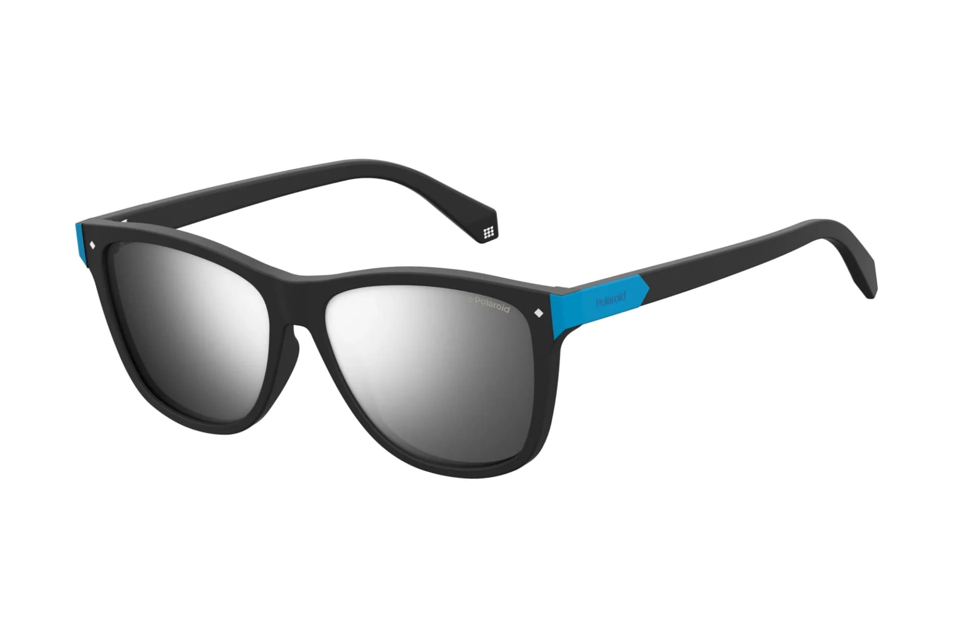 Polaroid PLD 6035/S sunglasses in matte black (003) with grey silver mirror polarised lenses, front three-quarter view