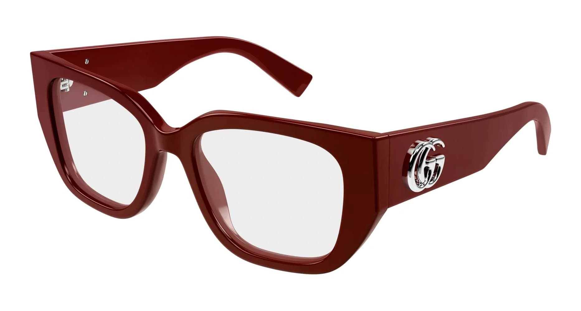 Gucci GG1952O burgundy acetate eyeglasses with silver Double G temple logo, front three-quarter view