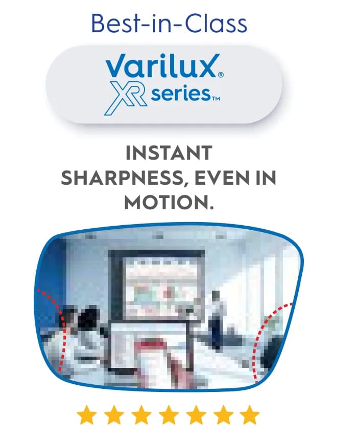 Essilor Varilux XR track Transitions Gen S Lenses: Varilux chart column: + Varilux XR series badge + simulation
